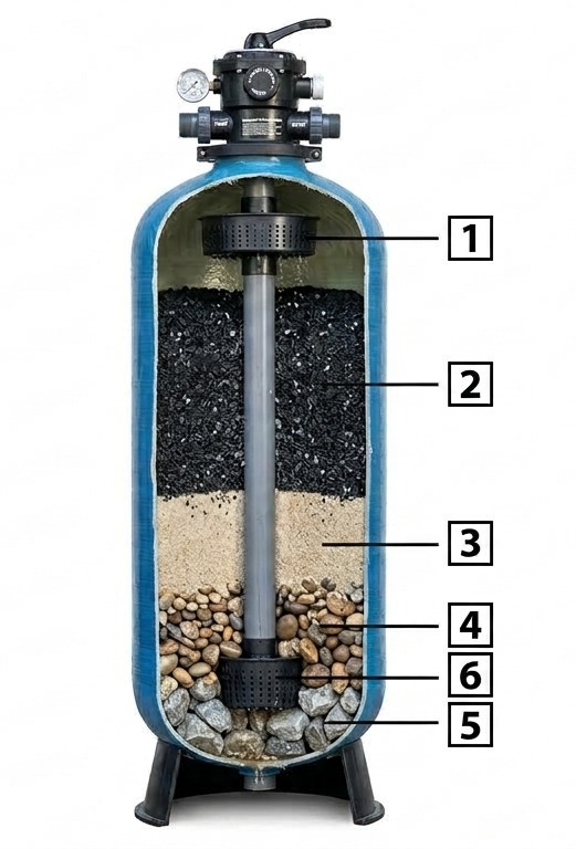 Filtro de tanque cortado mostrando sus capas: difusor, carbón, sílice, gravilla y grava